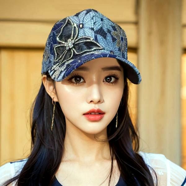 여름 나비 장식 메쉬 여성 야구 모자 볼캡 엄마 큐빅 플라워 패턴 화려한 자수캡 - 상품 이미지