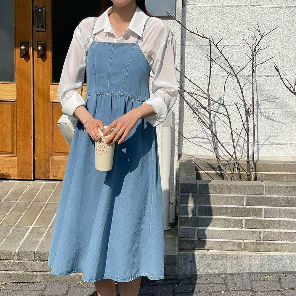 데님 민소매 A라인 코튼 롱원피스 봄 여름 가을 맥시 코튼 레이어드 진청 연청 - 상세 이미지 2