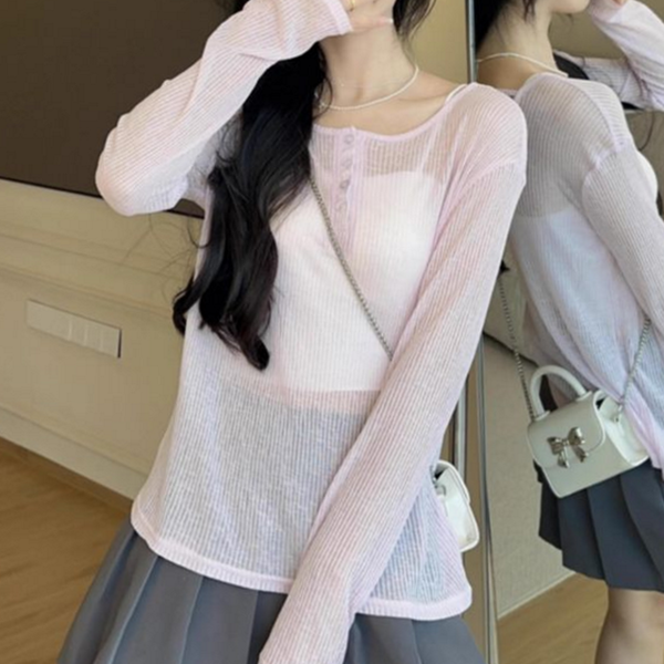 루즈핏 여성 시스루 티셔츠 헨리넥 여성 긴 팔 티셔츠 데일리 - 상품 이미지