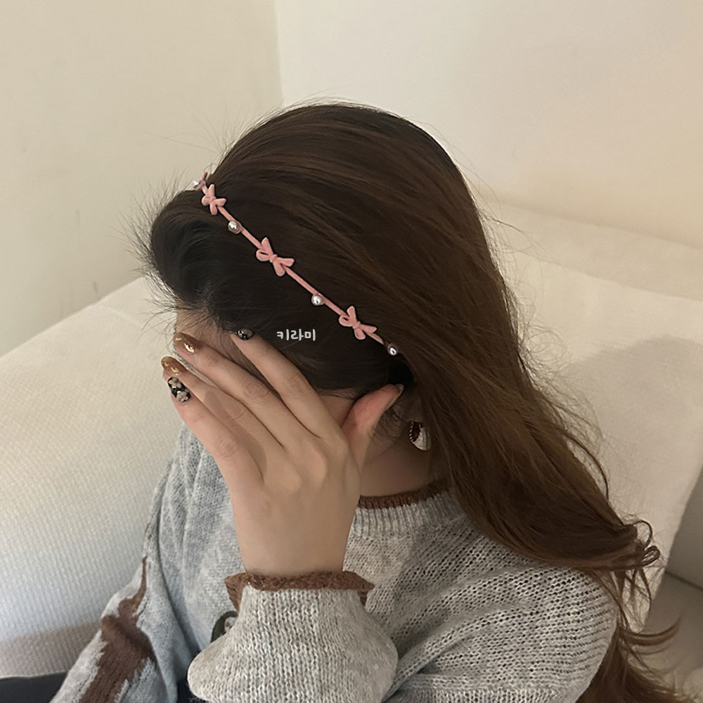 얇은 리본 진주 머리띠 슬림 헤어 포인트 귀여운 체리 헤어밴드 - 상품 이미지
