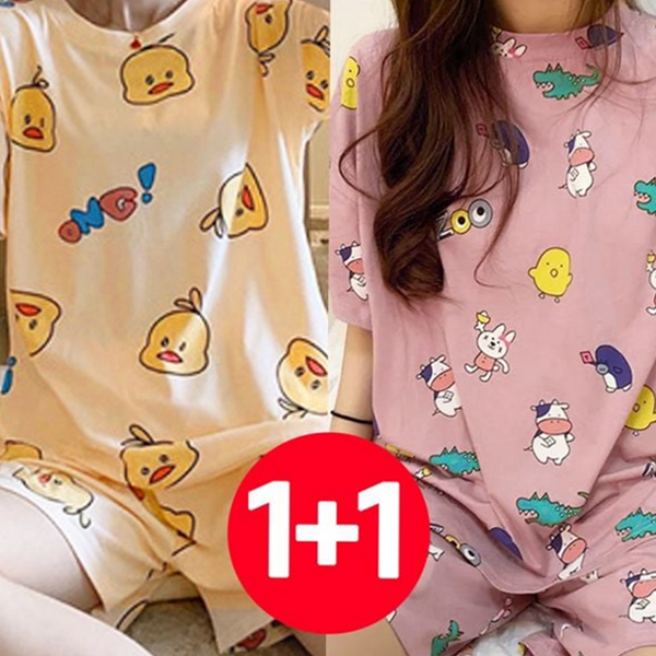 넉넉한 여성 반팔 잠옷 데일리 여성 반바지 잠옷 루즈핏 편안한 - 상품 이미지