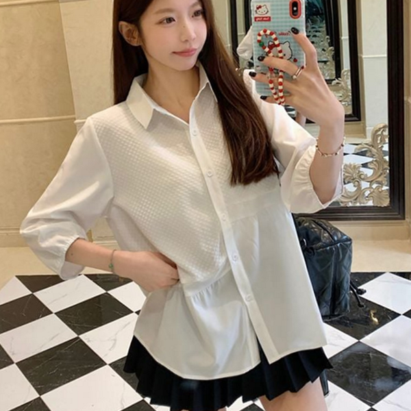 언발란스 여성 언발 블라우스 카라 여성 루즈핏 블라우스 데일리 칠부 셔츠 - 상품 이미지