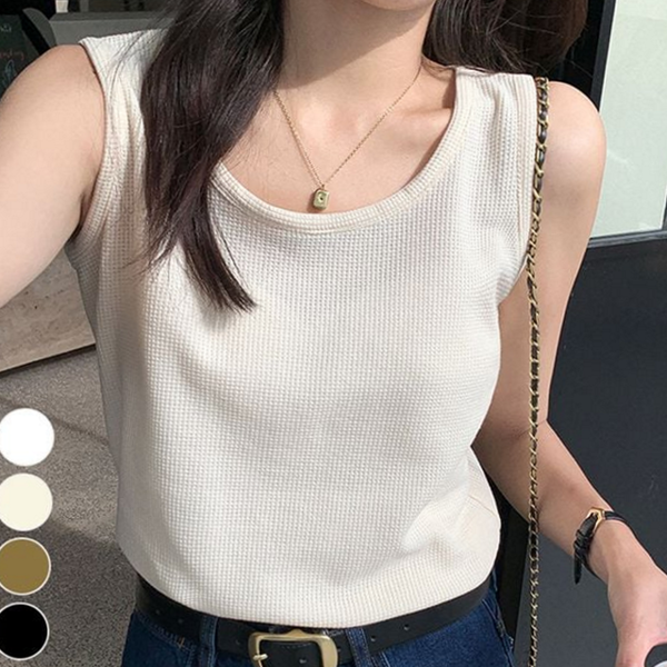 루즈핏 여성 민소매 티셔츠 캐주얼 여성 와플 민소매 데일리 여름 - 상품 이미지