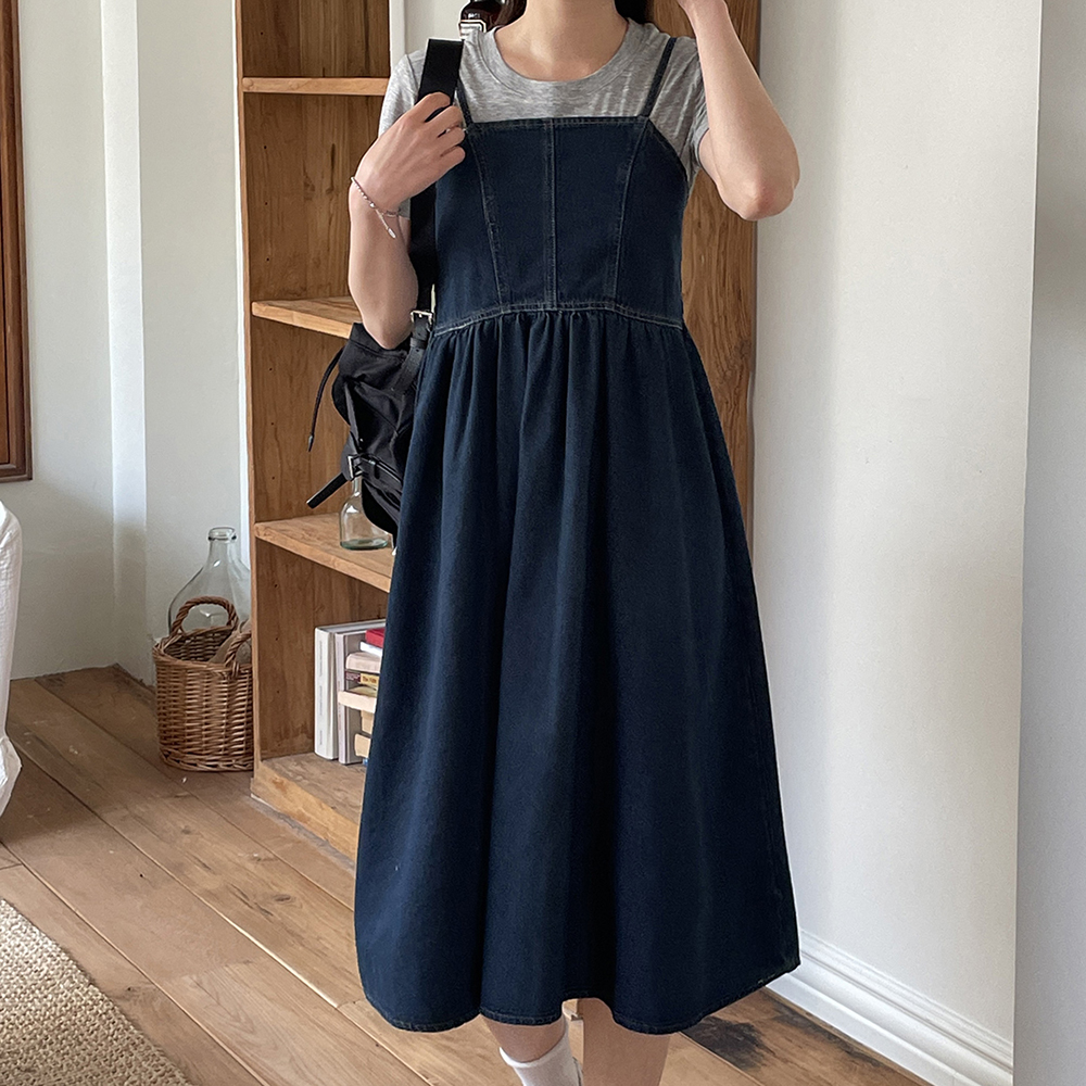 데님 민소매 A라인 코튼 롱원피스 봄 여름 가을 맥시 코튼 레이어드 진청 연청 이미지 7