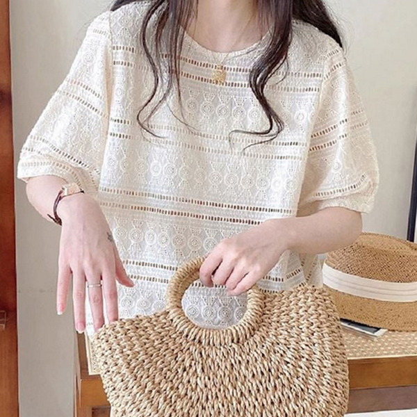 펀칭 여성 반팔 블라우스 데이트 여성 여름 블라우스 레이스 자수 티셔츠 - 상품 이미지
