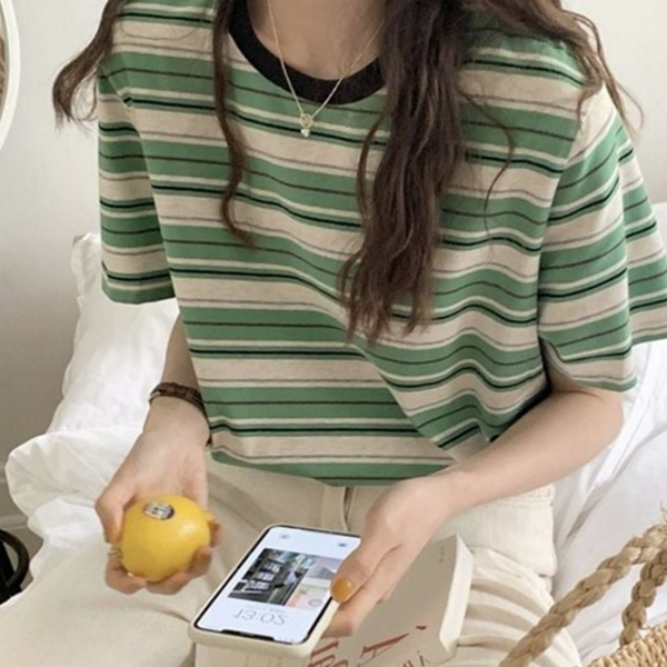 루즈핏 여성 단가라 티셔츠 스트라이프 여성 라운드 티셔츠 데일리 여름 - 상품 이미지