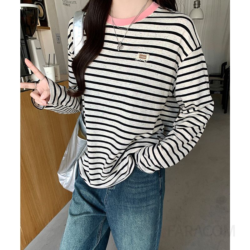 여성 데일리 캐주얼 루즈핏 면혼방 배색 스트라이프 드롭숄더 라운드넥 긴팔 티셔츠 상의 - 상세 이미지 4