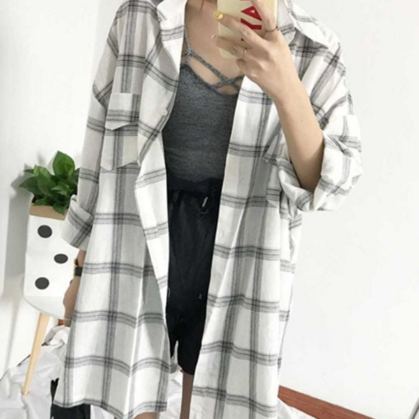 루즈핏 롱 체크 남방 비치 여성 롱 체크 셔츠 바캉스 웨어 데일리 간절기 롱비치 - 상품 이미지