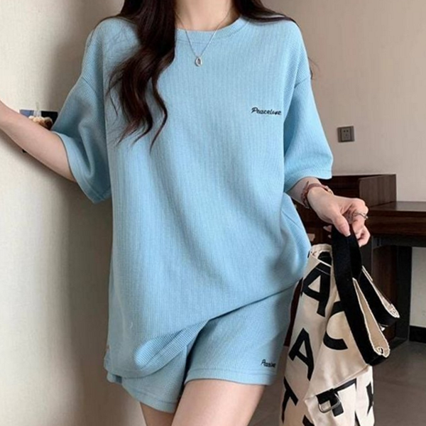 데일리 여성 반팔 셋업 트레이닝 여성 반바지 셋업 와플 반소매 - 상품 이미지