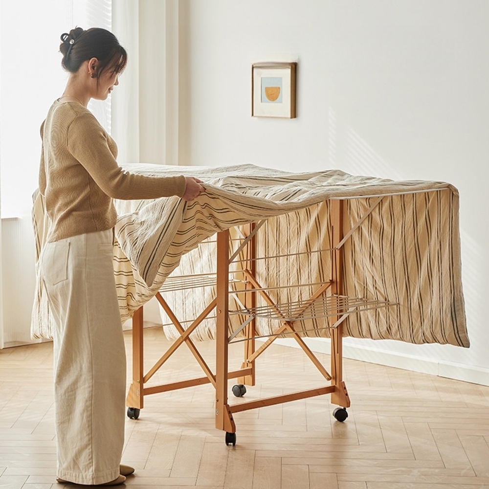 빨래 건조대 접이식 원목 우드 스틸 이동식 바퀴형 대용량 윙형 빨랫대 이불 수건 옷걸이 - 상세 이미지 3