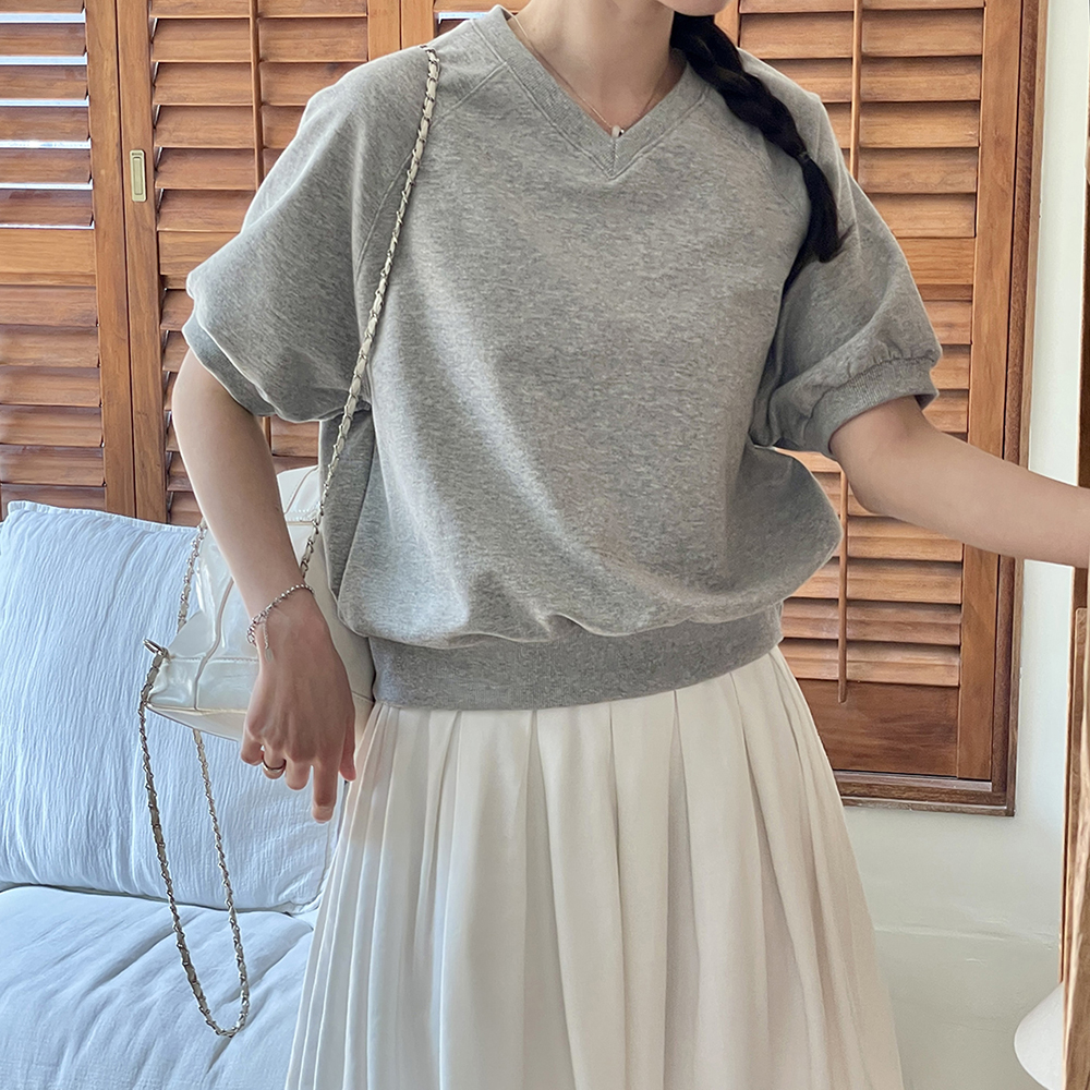 오버핏 여성 세미크롭맨투맨 여름 나그랑 여자 반팔 맨투맨 썸머 우먼 티셔츠 면 라운드 이미지 8