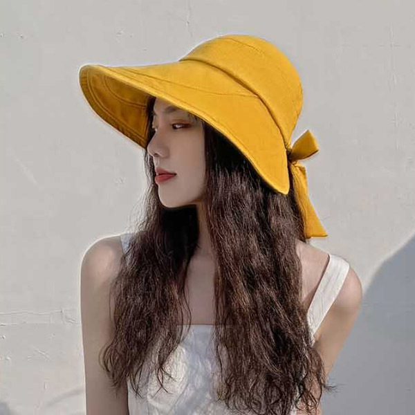여성 와이드 넓은 챙 리본 버킷햇 햇빛 차단 캡모자 비치모자 여자 벙거지 가리개 휴양지 - 상품 이미지