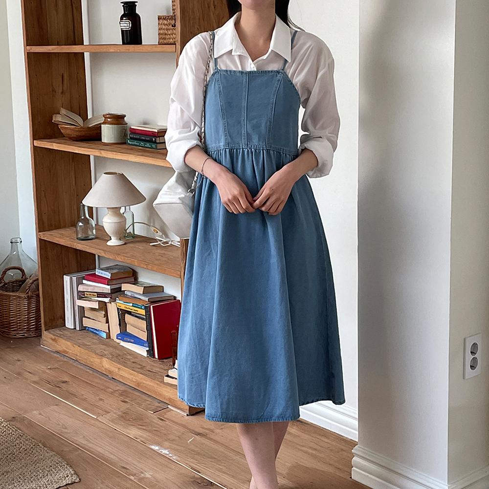 데님 민소매 A라인 코튼 롱원피스 봄 여름 가을 맥시 코튼 레이어드 진청 연청 - 상세 이미지 4