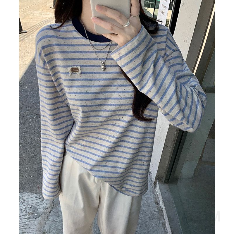 여성 데일리 캐주얼 루즈핏 면혼방 배색 스트라이프 드롭숄더 라운드넥 긴팔 티셔츠 상의 - 상품 이미지