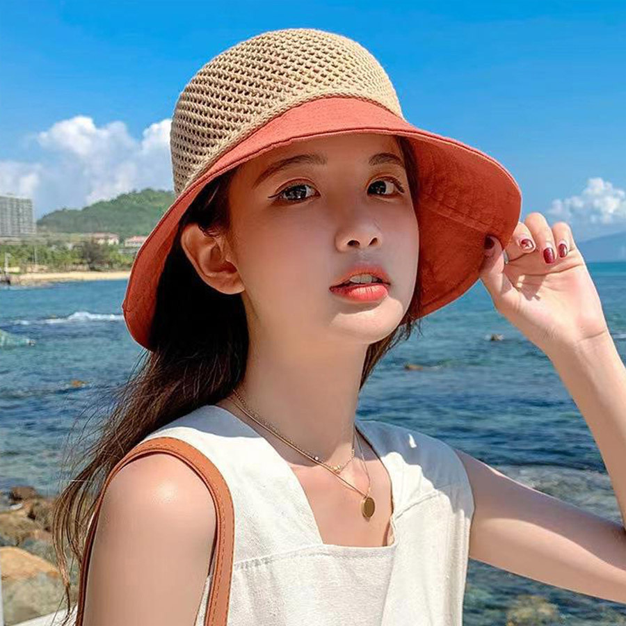 여성 투톤 리본 밀짚 버킷햇 바다 해변 벙거지 모자 비치모자 여자 선캡 햇빛 가리개 - 상품 이미지