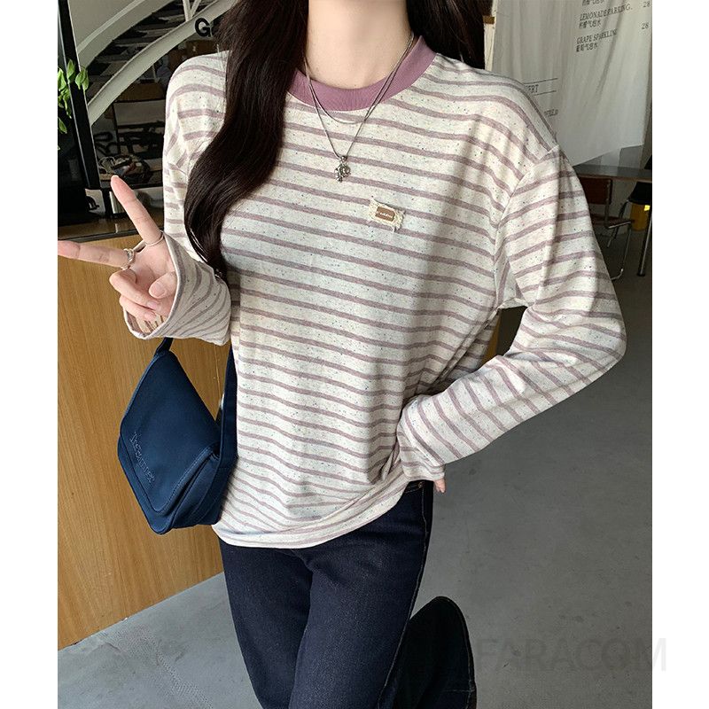 여성 데일리 캐주얼 루즈핏 면혼방 배색 스트라이프 드롭숄더 라운드넥 긴팔 티셔츠 상의 - 상세 이미지 3