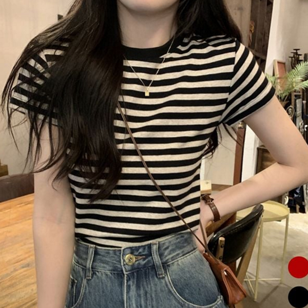 데일리 여성 스트라이프 반팔 티셔츠 캐주얼 스트라이프 티셔츠 라운드 여름 - 상품 이미지