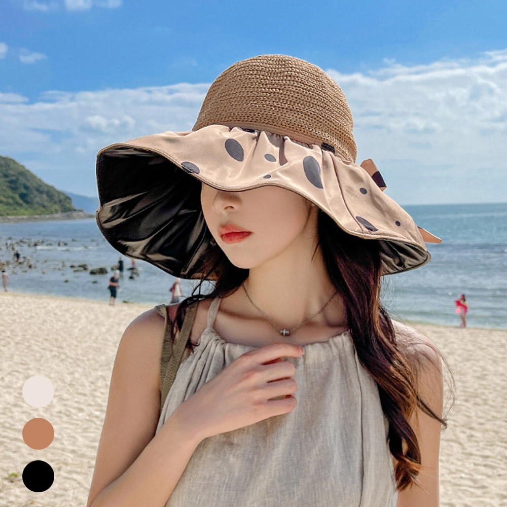 블랙 코팅 와이드챙 땡땡이 도트 리본 버킷햇 여자 여름 모자 썬캡 돌돌이 여름돌돌이 - 상품 이미지