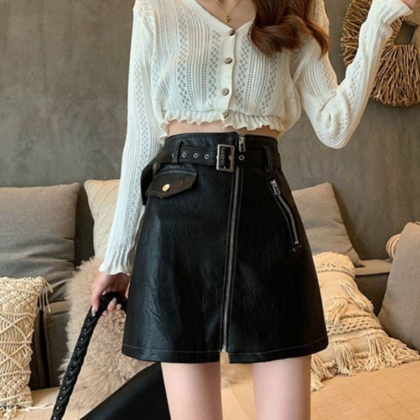 앞지퍼 여성 가죽 치마 캐주얼 레더 스커트 데이트 오피스 미니 여자A라인 지퍼 인조 벨트 - 상품 이미지
