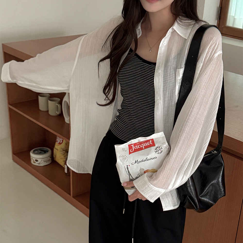 링클 시스루 오버핏 롱 셔츠 이미지 7