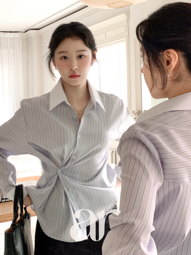 [자체제작] (MADE) 스트라이프 투웨이 버튼 배색 카라 셔츠 bs8608 - 상세 이미지 2