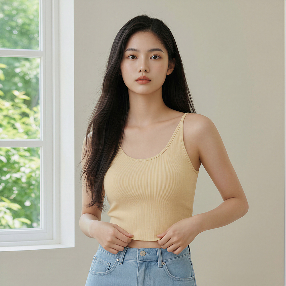 힙핑크 마카롱 코튼 볼륨캡 크롭 나시탑 (일체형패드) - 상품 이미지