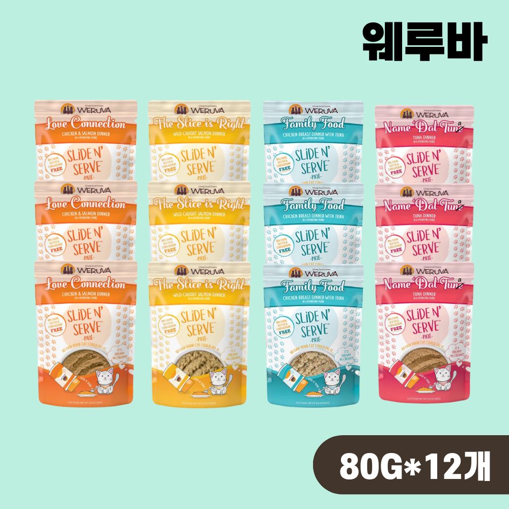 [+N포인트] 웨루바 캣 파테 주식캔 파우치 습식 4종 콤보, 80g, 12개 - 상품 이미지