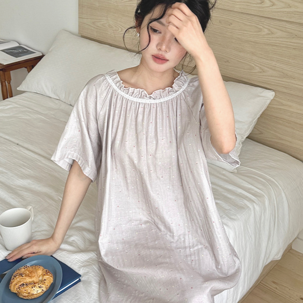 원피스잠옷 순면 오버핏 임산부 꽃무늬 스트라이프 빅사이즈 55-88 보통의날들 - 상세 이미지 4
