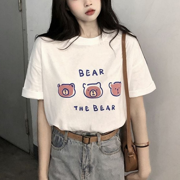 프린팅 여성 반팔 티셔츠 라운드 반팔 티셔츠 루즈핏 귀여운 여름 데일리 캐주얼 넥 면 - 상품 이미지