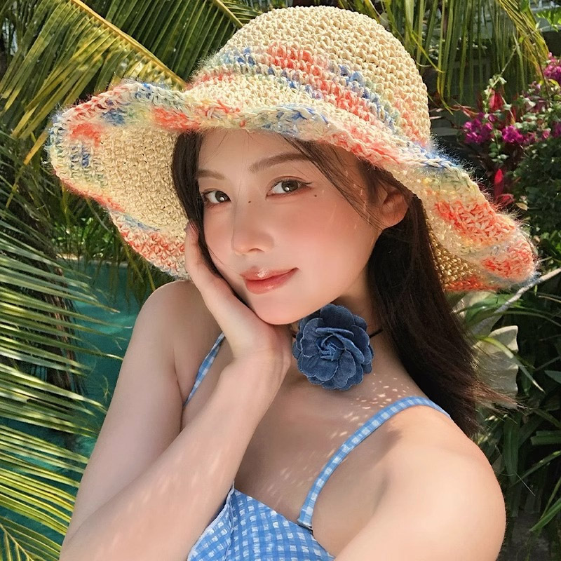 컬러풀 털실 포인트 밀짚 버킷햇 ELM- 246 비치캡 왕골 모자 라탄 밀짚모자 여름 - 상품 이미지