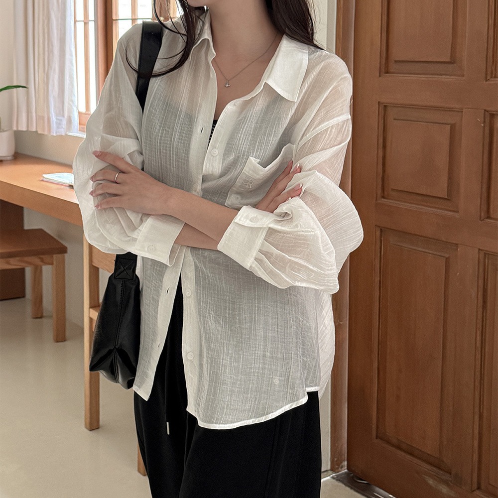 링클 시스루 오버핏 롱 셔츠 이미지 6