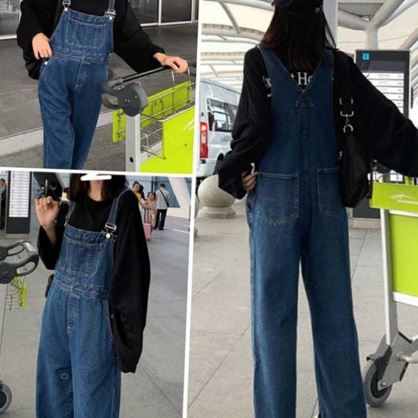 와이드 여성 멜빵 바지 오버롤 여성 데님 멜빵 점프 팬츠 - 상품 이미지
