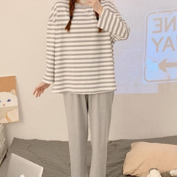 루즈핏 여성 잠옷 스트라이프 잠옷 파자마 상하 가을 세트 홈 웨어 긴 팔 - 상품 이미지