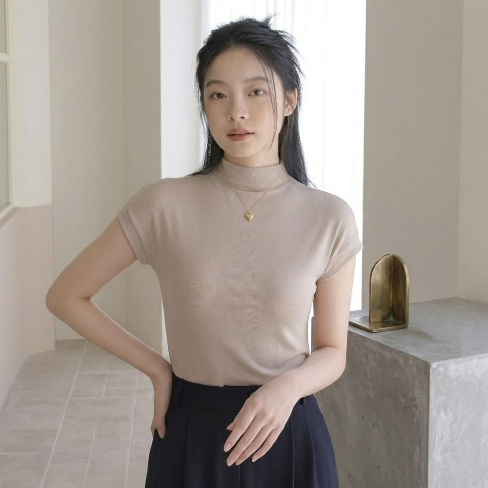 반팔목폴라 하프넥티셔츠 여성스판반팔티 캡소매 얇은목티 - 상품 이미지