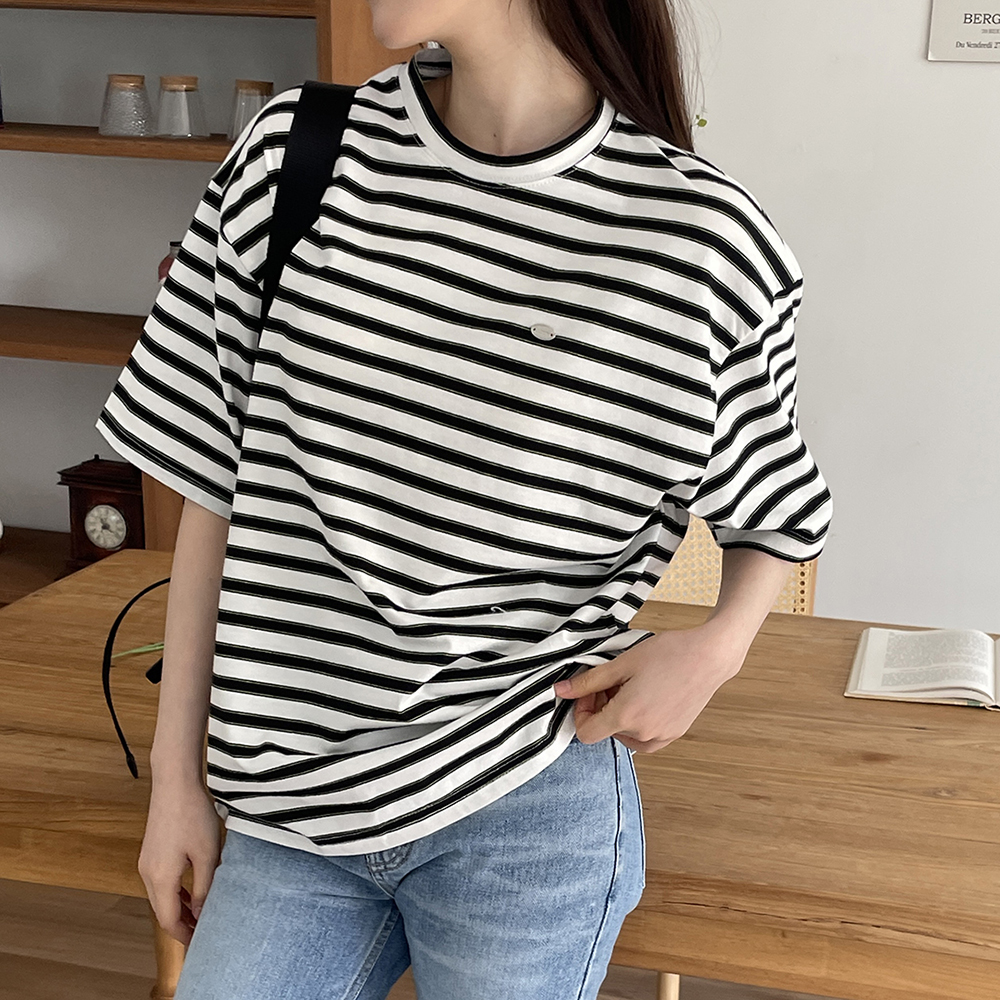 캐주얼 단가라 스트라이프 여성 루즈핏 반팔 티셔츠 박스티 코튼 라운드 봄 여름 가을 맨투맨 - 상세 이미지 2