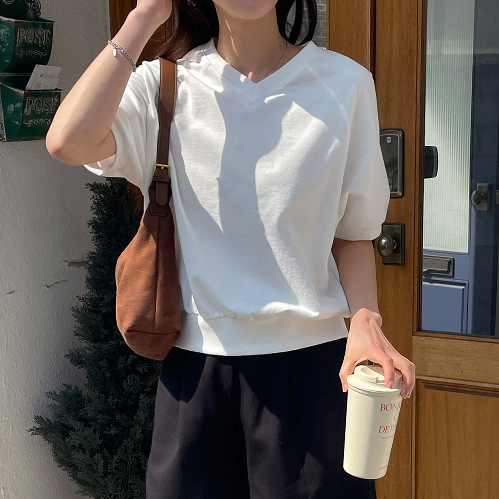 오버핏 여성 세미크롭맨투맨 여름 나그랑 여자 반팔 맨투맨 썸머 우먼 티셔츠 면 라운드 - 상세 이미지 2