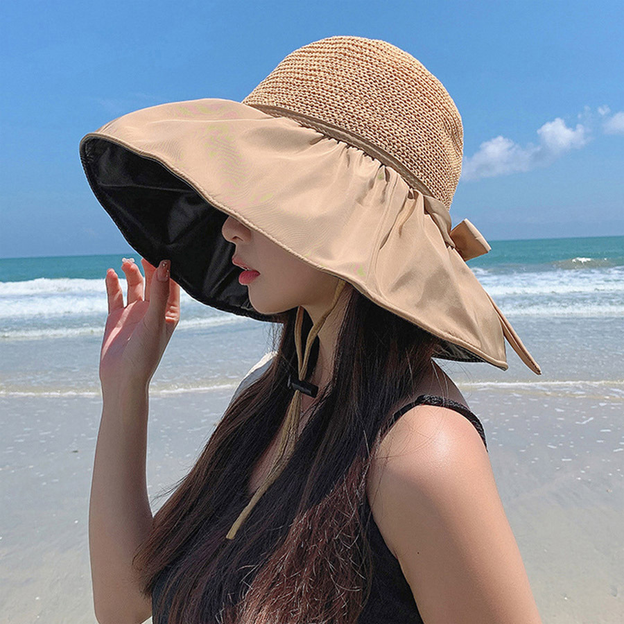 여성 와이드 리본 버킷햇 썬캡 빅사이즈 벙거지 모자 비치모자 여자 밀집 햇빛 가리개 - 상품 이미지
