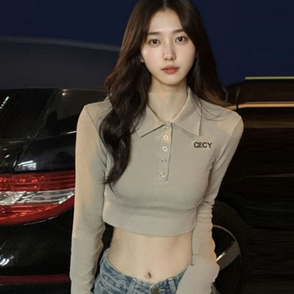 슬림핏 여성 크롭 긴 팔 티셔츠 슬림 여성 카라 긴 - 상품 이미지