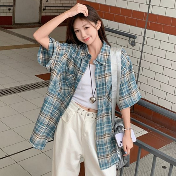 루즈핏 여성 체크 셔츠 데일리 여성 카라 셔츠 오버핏 여름 반팔 숏 슬리브 긴 팔 - 상품 이미지