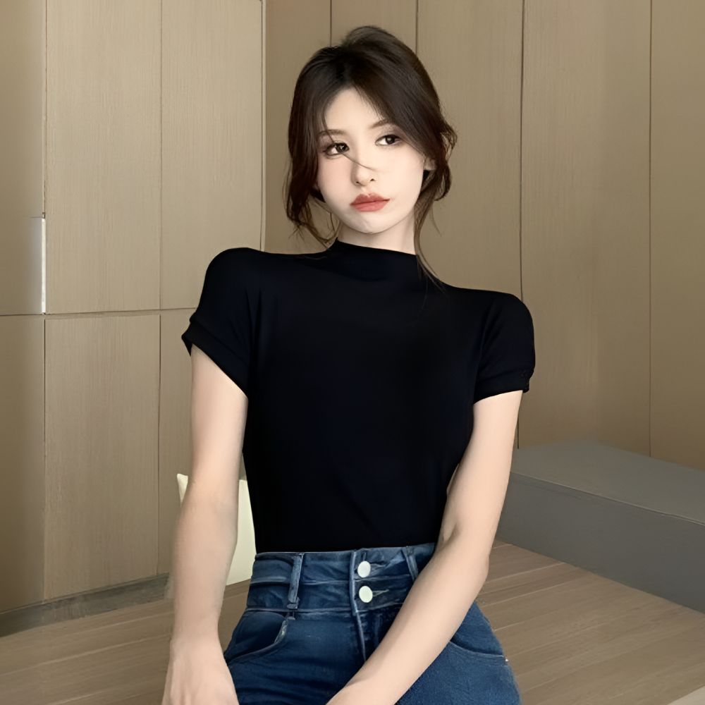 반팔목폴라 하프넥티셔츠 여성스판반팔티 캡소매 얇은목티 이미지 7