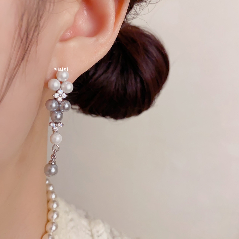 S925 화려한 큐빅꽃 진주 롱 체인 드롭 귀걸이 이미지 6