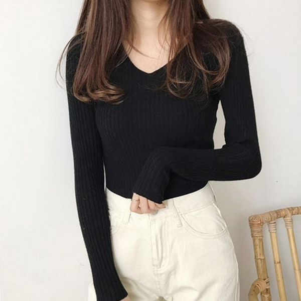 데일리 여성 긴 팔 티셔츠 슬림 여성 브이넥 티셔츠 레이온 골지 기본 - 상품 이미지