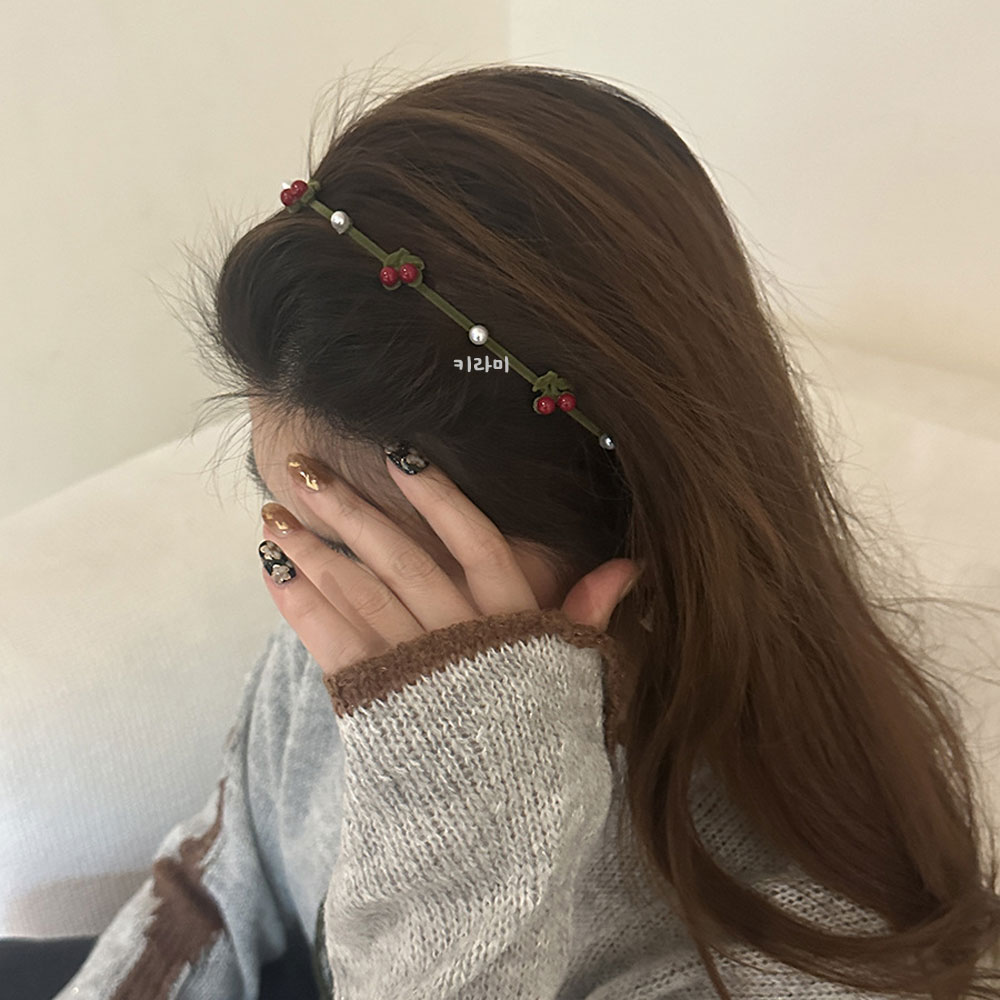 얇은 리본 진주 머리띠 슬림 헤어 포인트 귀여운 체리 헤어밴드 - 상세 이미지 5