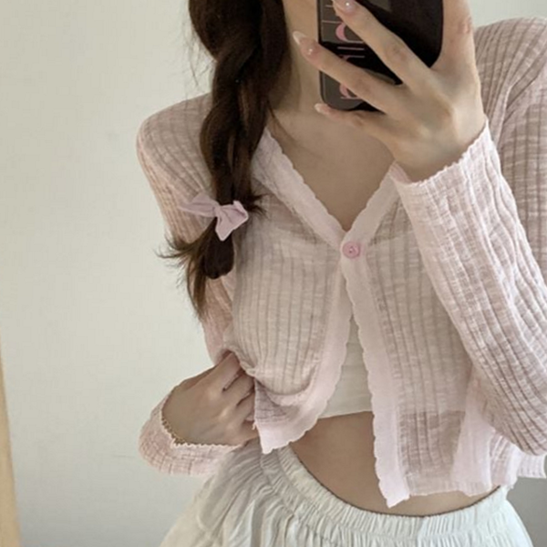 데일리 여성 크롭 가디건 브이넥 여성 시스루 가디건 여름 얇은 긴 팔 - 상품 이미지