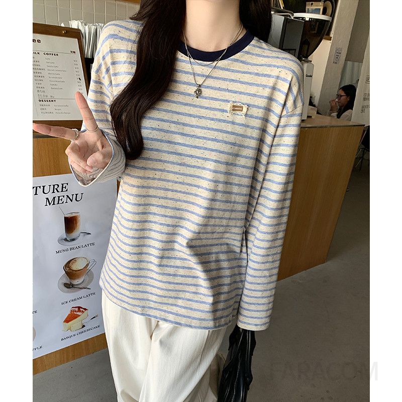 여성 데일리 캐주얼 루즈핏 면혼방 배색 스트라이프 드롭숄더 라운드넥 긴팔 티셔츠 상의 - 상세 이미지 2