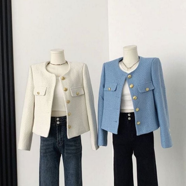 데일리 여성 트위드 자켓 라운드 여성 노카라 자켓 하객룩 간절기 봄 가을 오피스 정장 세미 - 상품 이미지