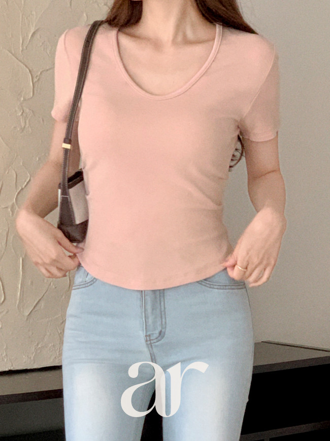 슬림핏 사이드 셔링 U넥 반팔 티셔츠 ts4571