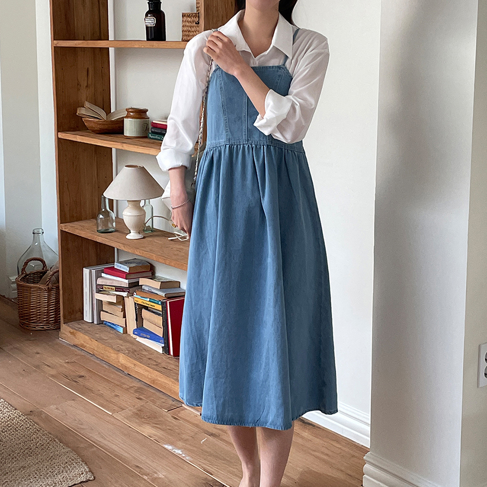 데님 민소매 A라인 코튼 롱원피스 봄 여름 가을 맥시 코튼 레이어드 진청 연청 - 상세 이미지 3
