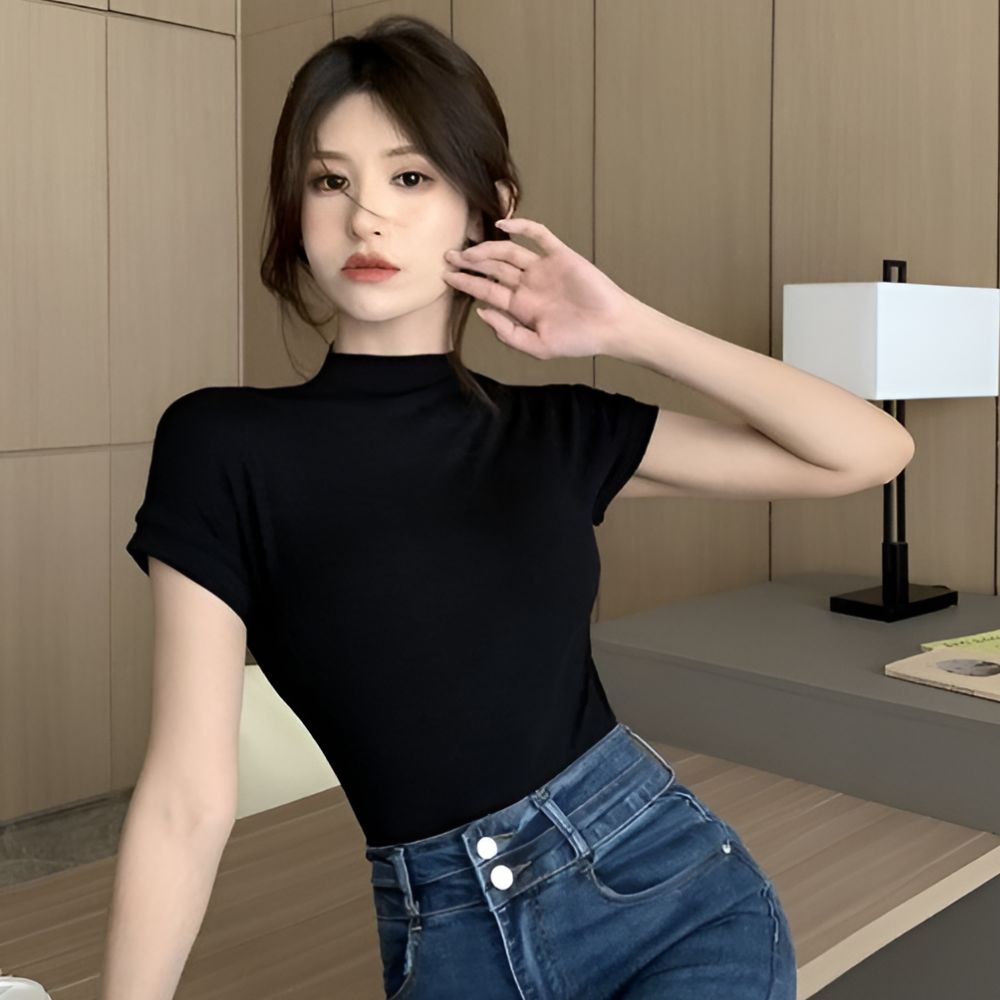 반팔목폴라 하프넥티셔츠 여성스판반팔티 캡소매 얇은목티 이미지 8