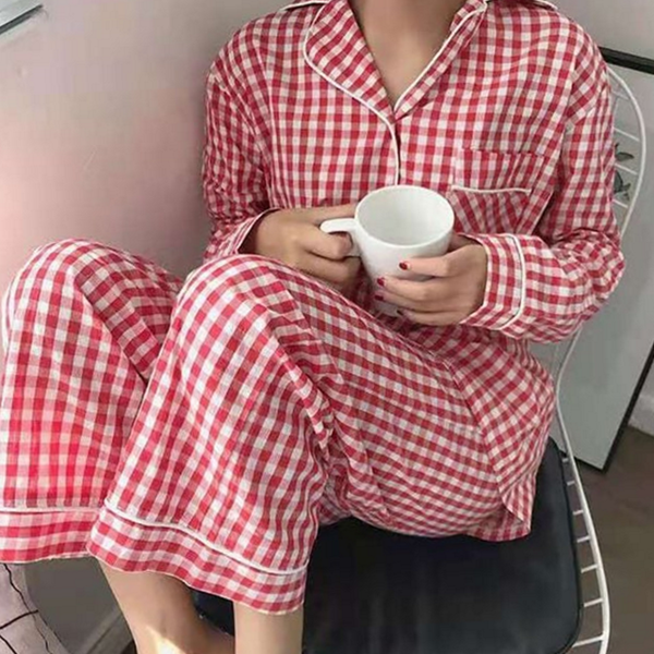 데일리 여성 잠옷 라운지 여성 파자마 상하의 간절기 체크 카라 세트 긴 팔 홈 웨어 무늬 - 상품 이미지